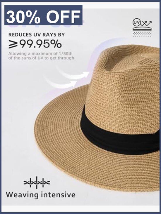 Wide Brim Straw Fedora Hat UPF 50+ Summer Beach Sun Hat Unisex main image 7